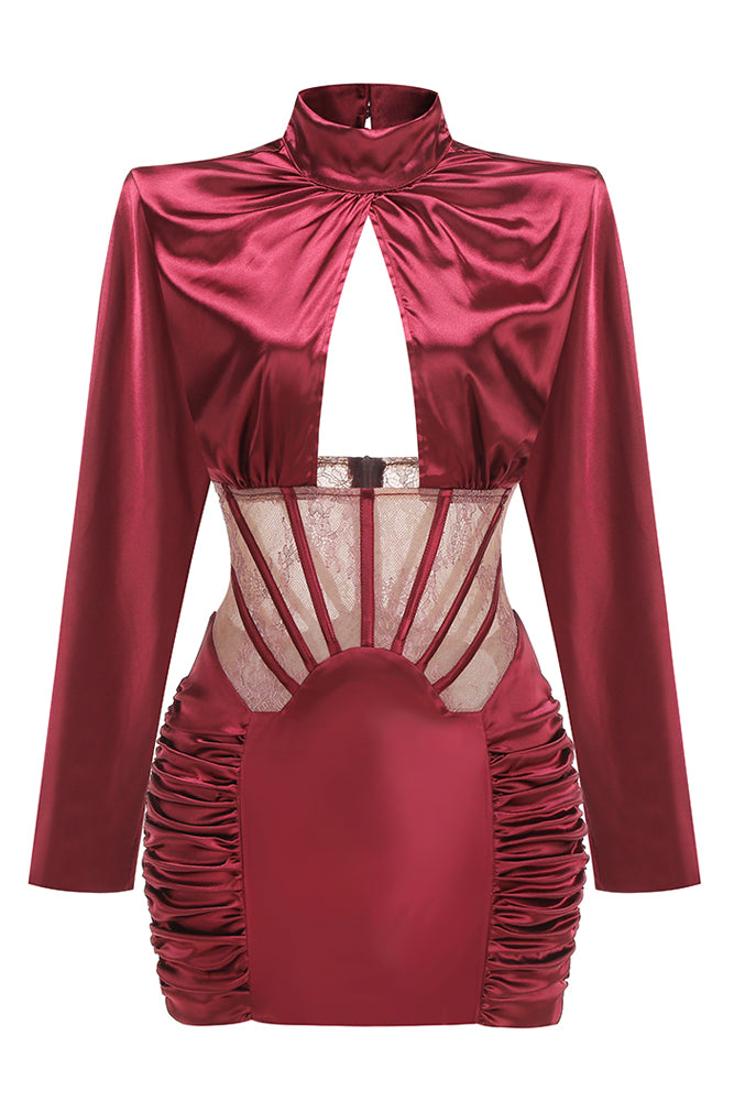 Lace-panel Cut Out Gathered Mini Dress Burgundy / Small