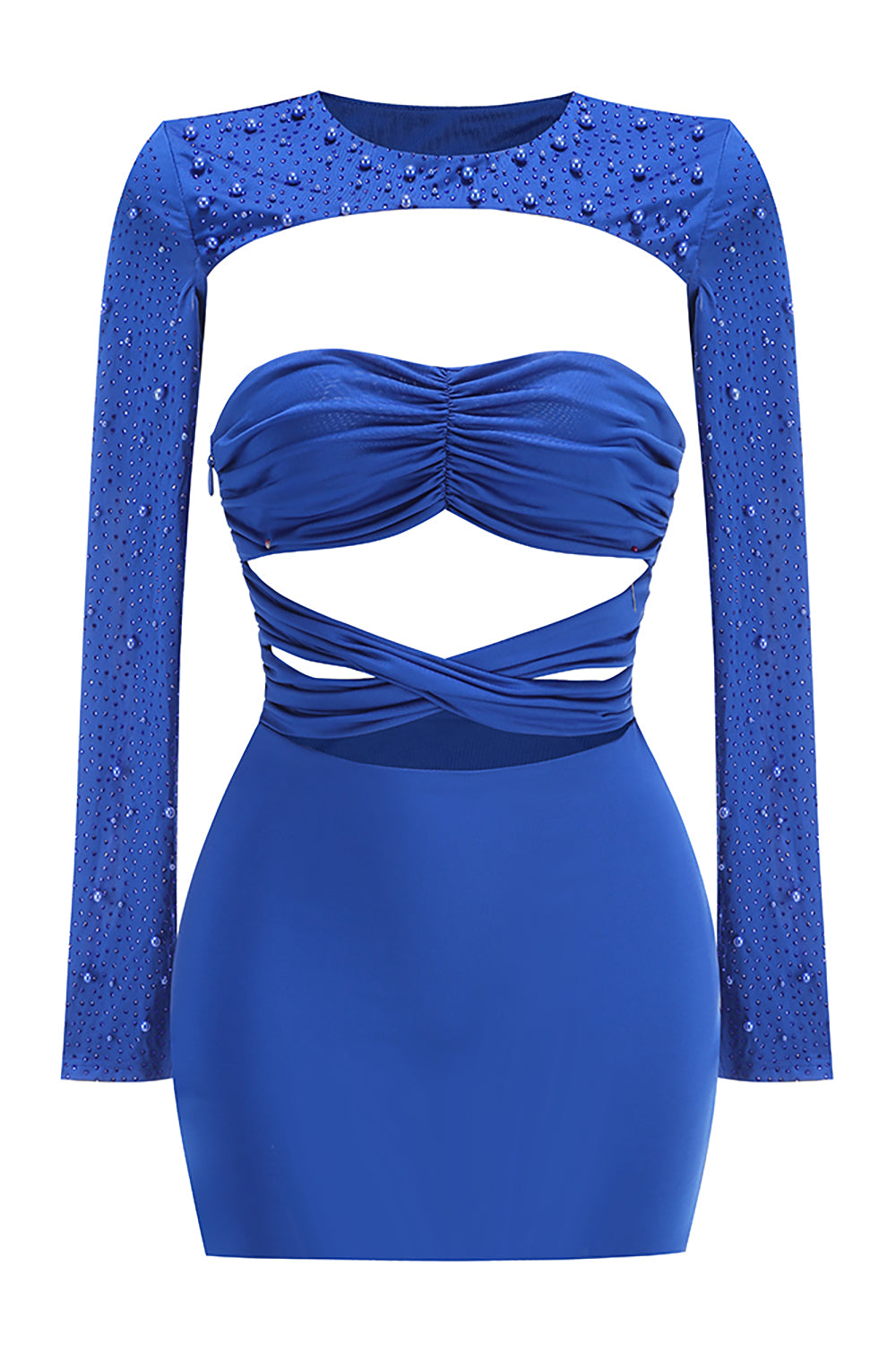 Pearl Cut Out Long Sleeve Mini Dress Blue / Small