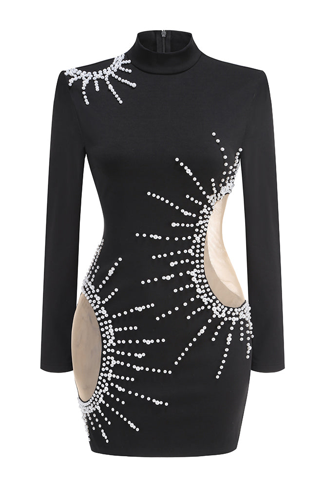 Turtle Pearl Embellished Hollow Mini Dress Black / Large