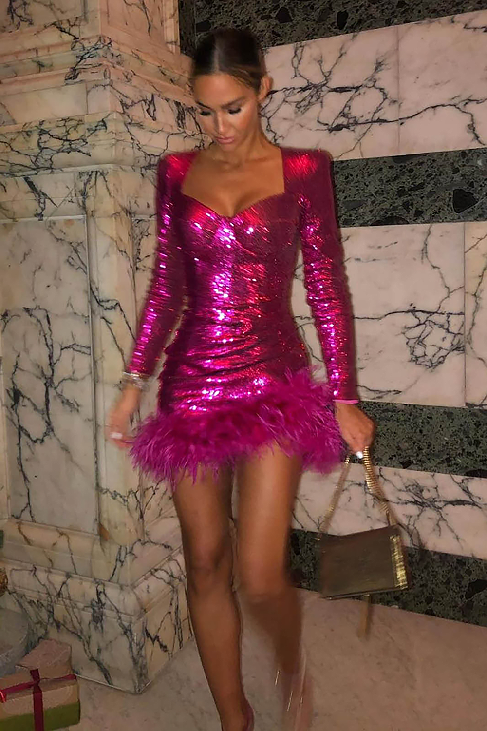 Sequins Feather-trim Long sleeves Mini Dress In Pink Rose Gold