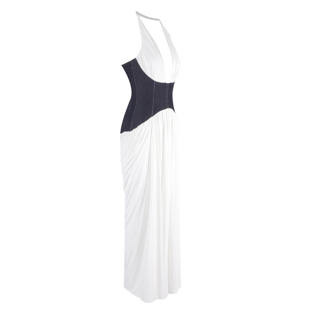 Halter Contrasted Bustier Drappy Maxi Dress