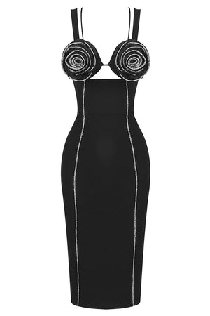3D Floral Galvan-Trim Bandage Midi Dress