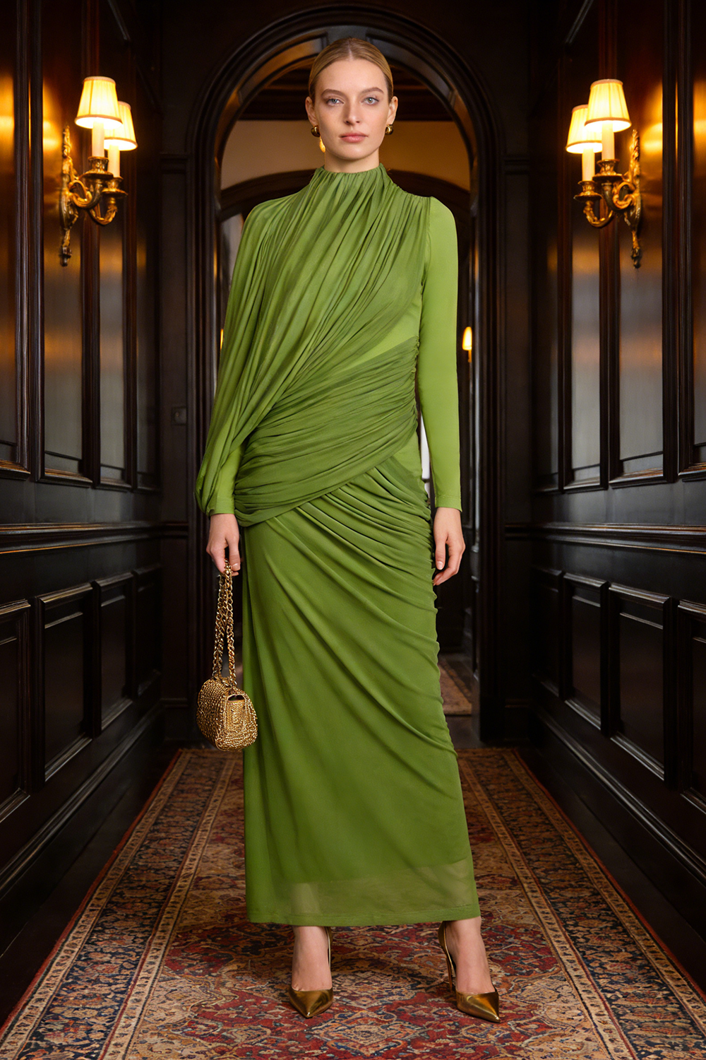 High Neck Asymmetrical Draped Maxi Dress