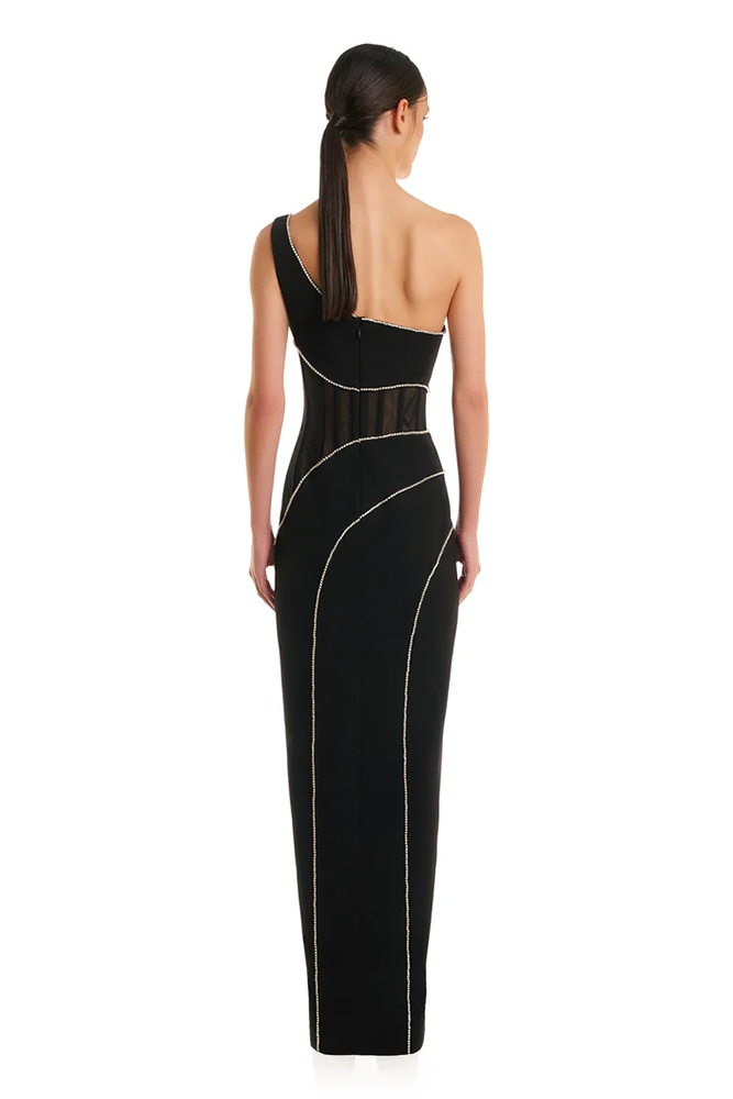 Asymmetric Crystal Trim Mesh Gown