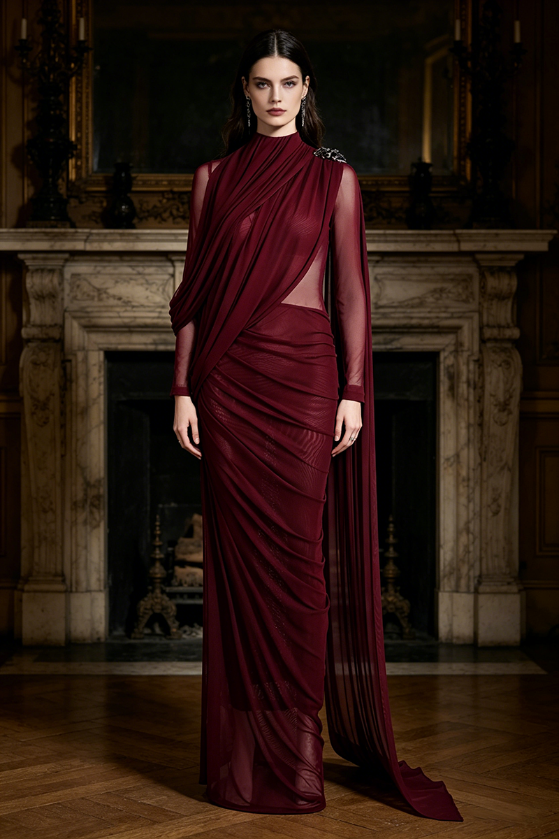 Asymmetric Draped Cape Maxi Dress in Burgundy