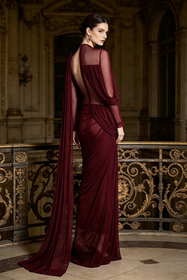 Asymmetric Draped Cape Maxi Dress in Burgundy
