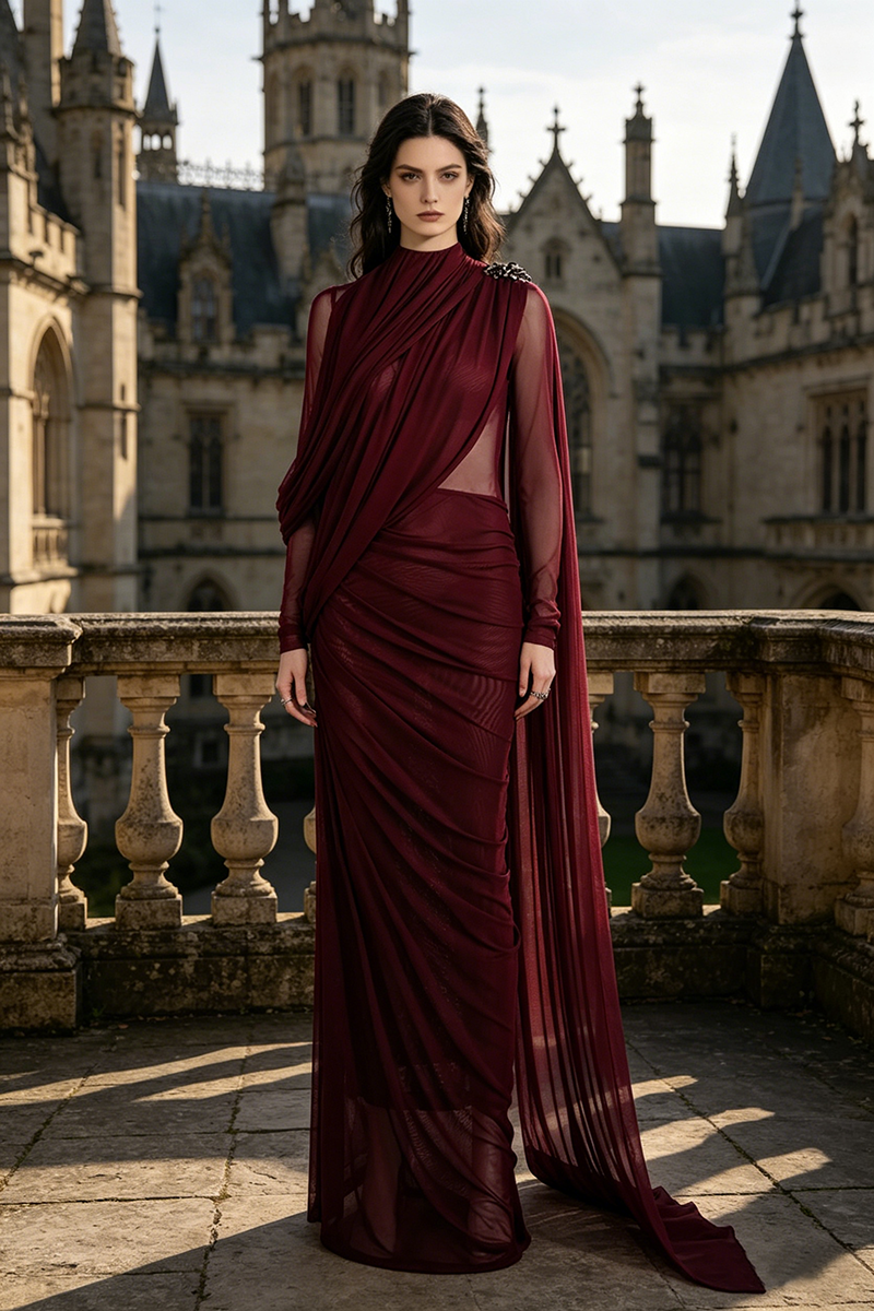 Asymmetric Draped Cape Maxi Dress in Burgundy