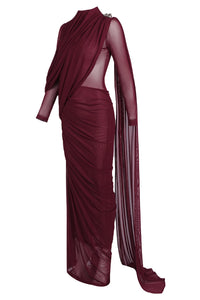 Asymmetric Draped Cape Maxi Dress in Burgundy