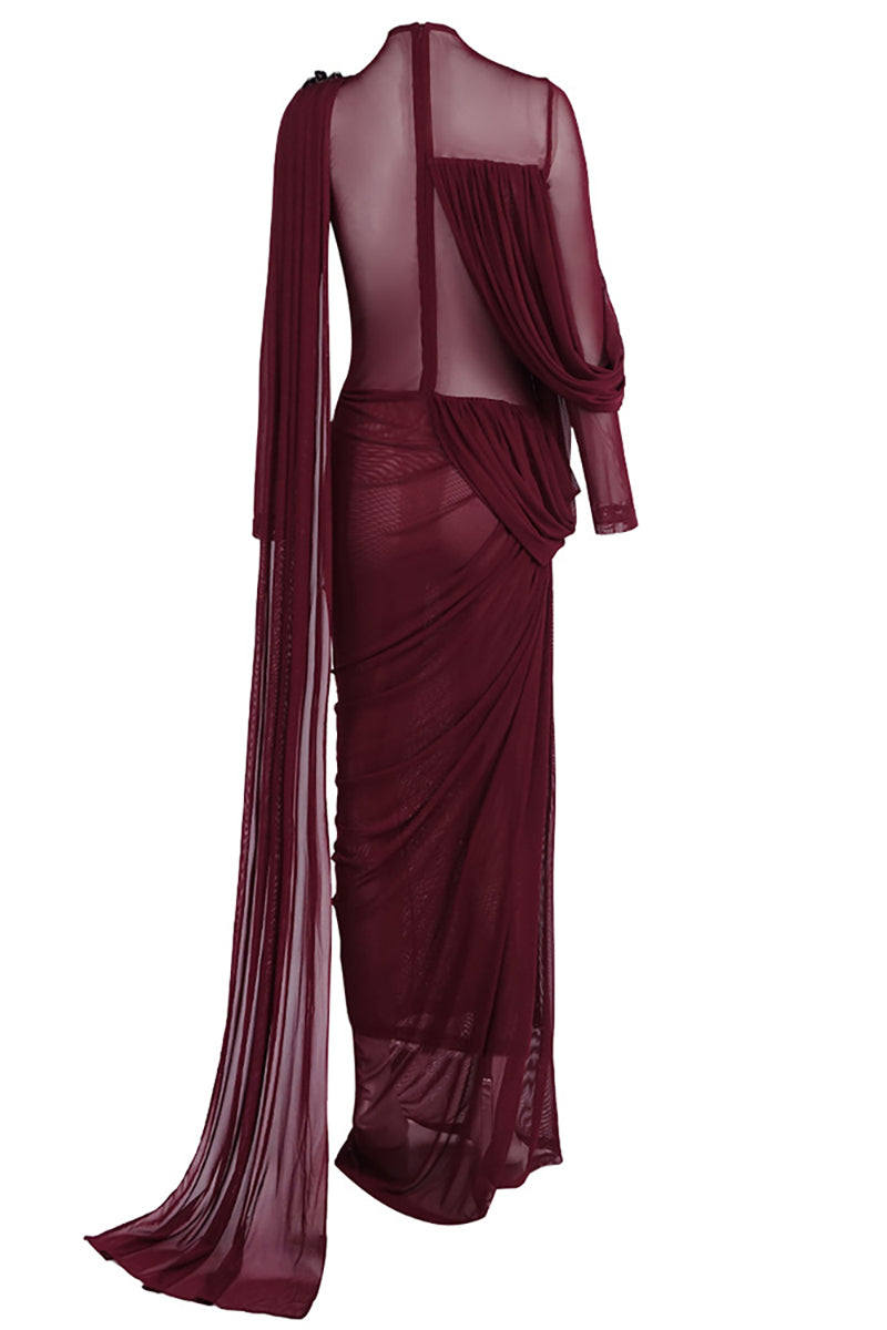 Asymmetric Draped Cape Maxi Dress in Burgundy