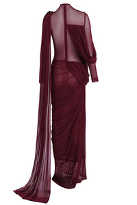 Asymmetric Draped Cape Maxi Dress in Burgundy