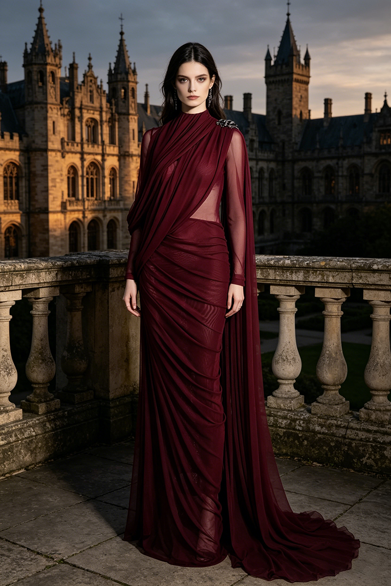 Asymmetric Draped Cape Maxi Dress in Burgundy