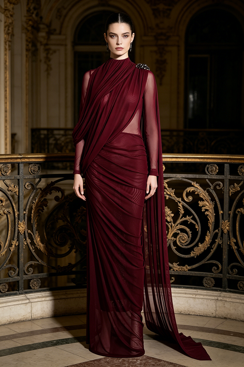 Asymmetric Draped Cape Maxi Dress in Burgundy