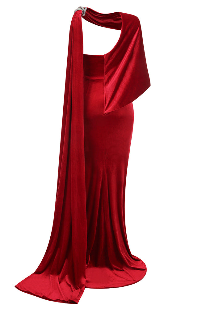 Asymmetrical Caplet Velvet Maxi Dress