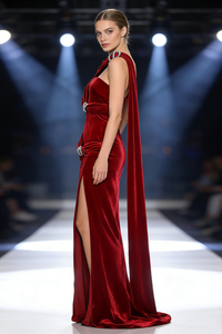 Asymmetrical Caplet Velvet Maxi Dress