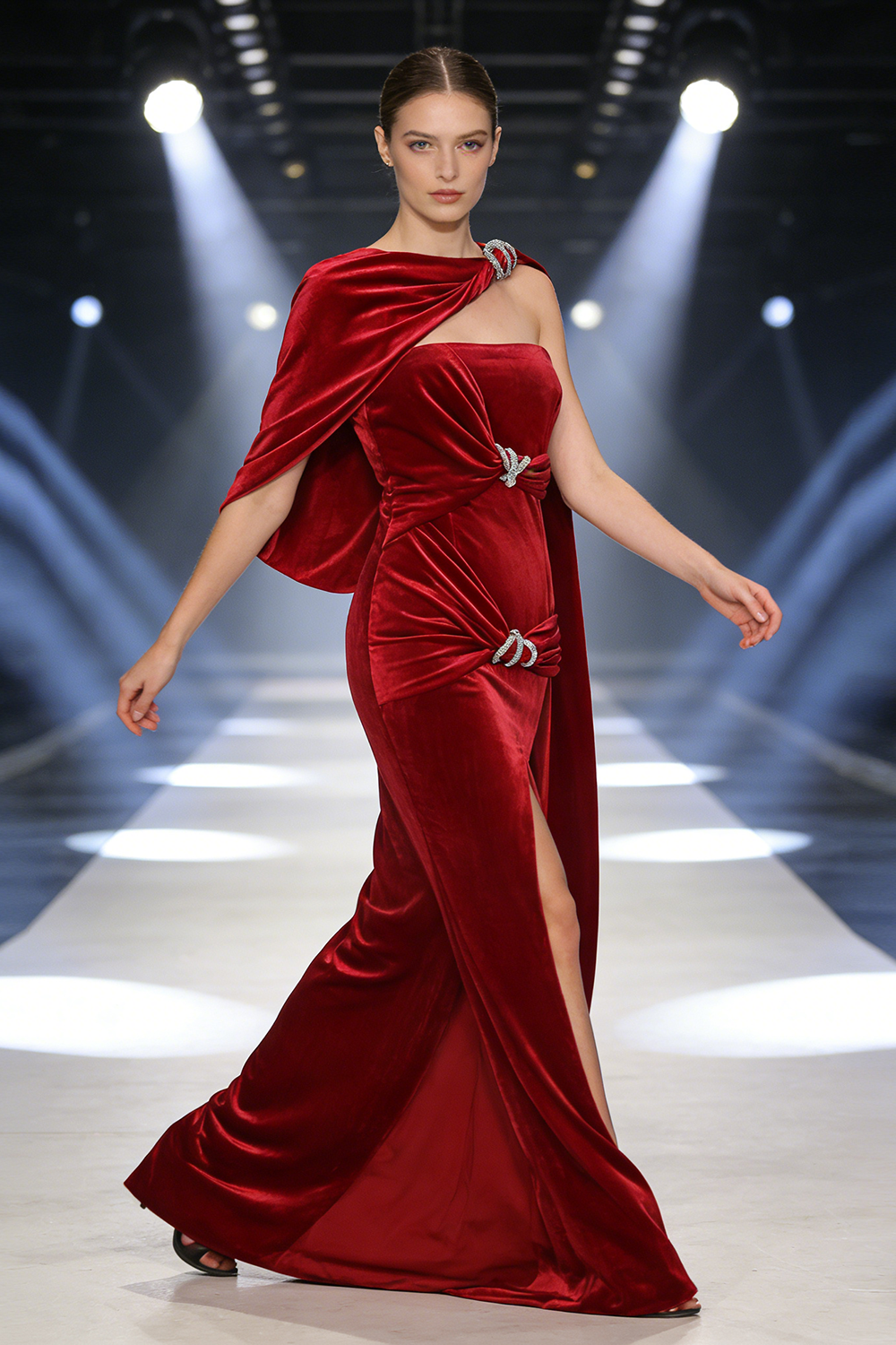 Asymmetrical Caplet Velvet Maxi Dress