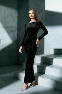 Backless Crystal Velvet Dress in Black