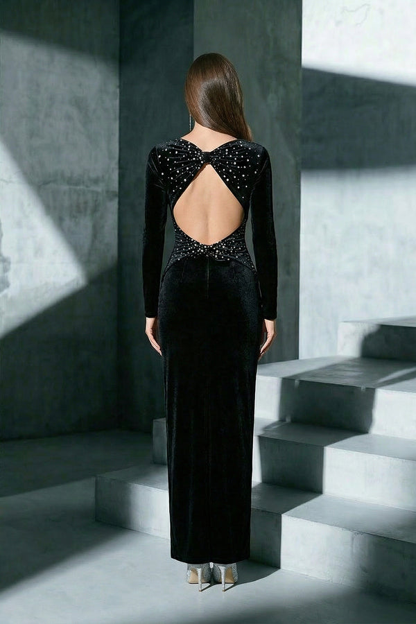 Backless Crystal Velvet Dress in Black