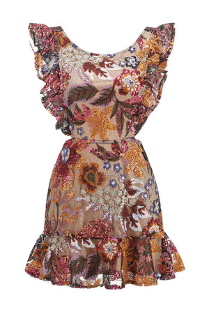 Backless Floral Sequin-Trim Mini Dress