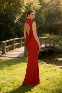 Backless Gathered Maxi Dress in Red