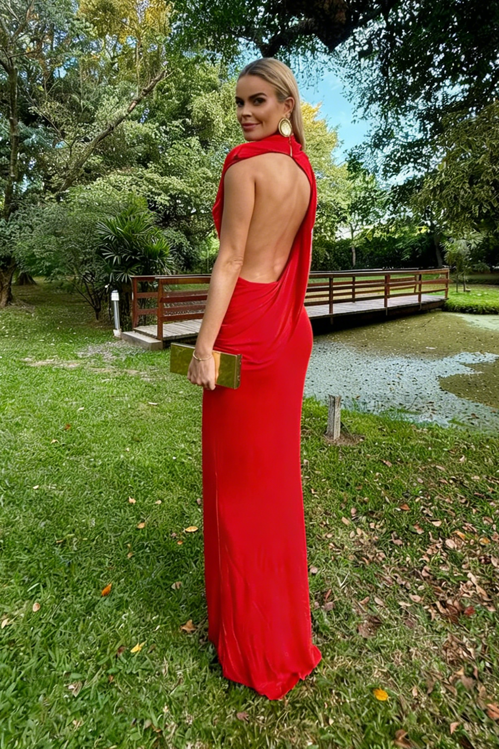 Backless Gathered Maxi Dress in Red