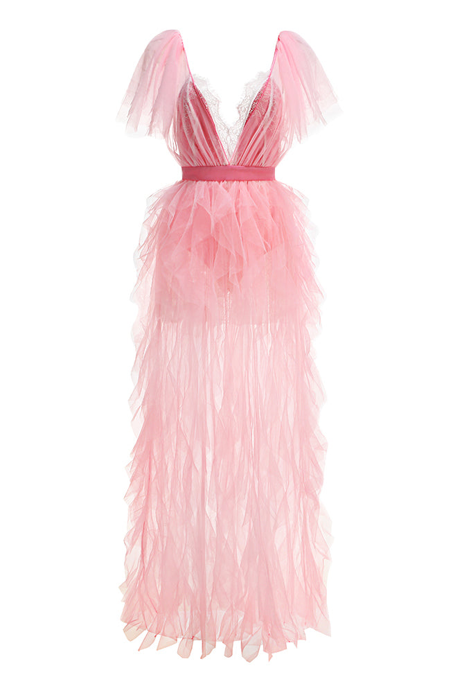 Slip Backless Lace Formal Maxi Dress Pink / Small
