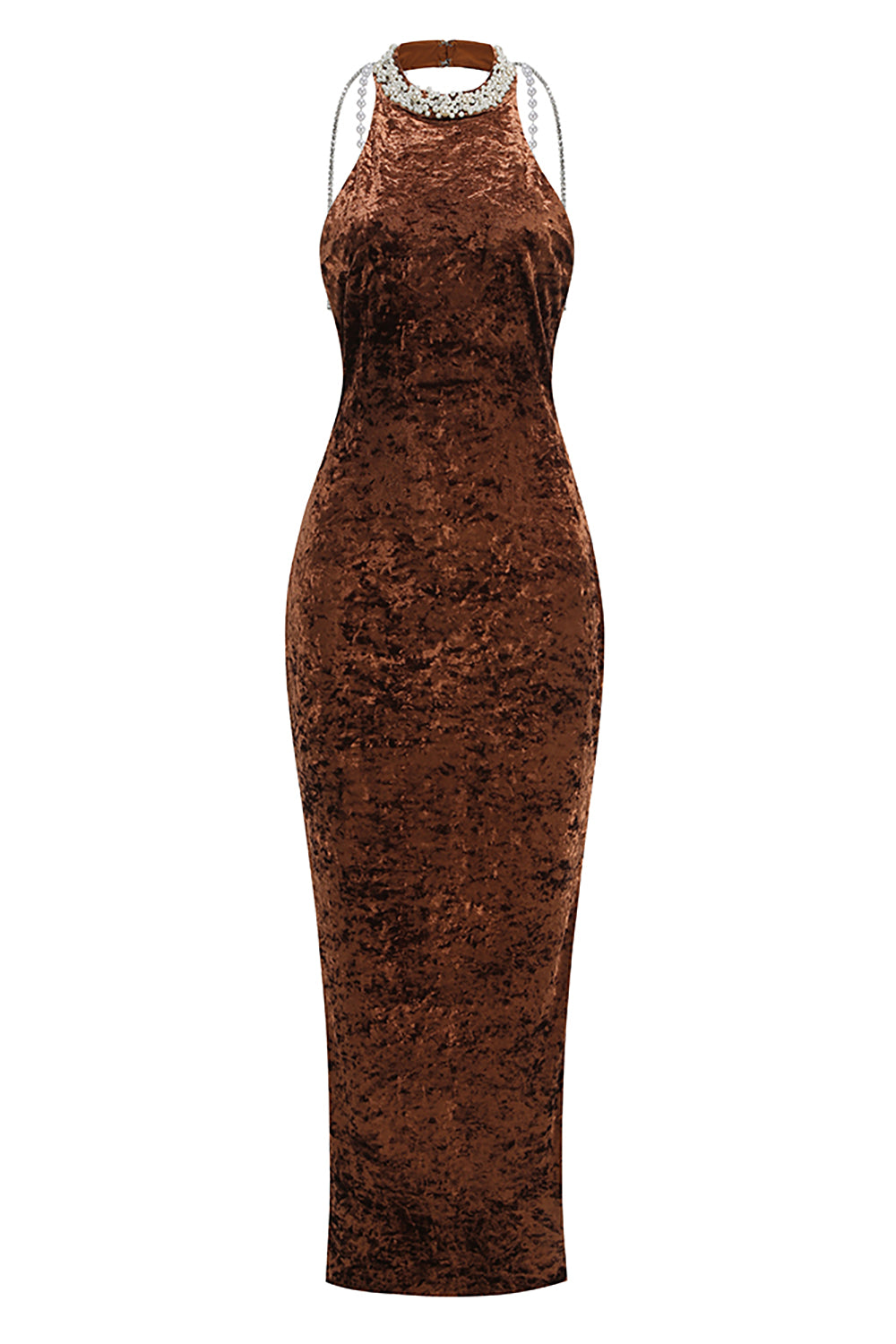 Backless Pearl Velvet Maxi Dress in Brown Multi IULOVER Backless Pearl Velvet Maxi Dress in Brown Multi IULOVER
