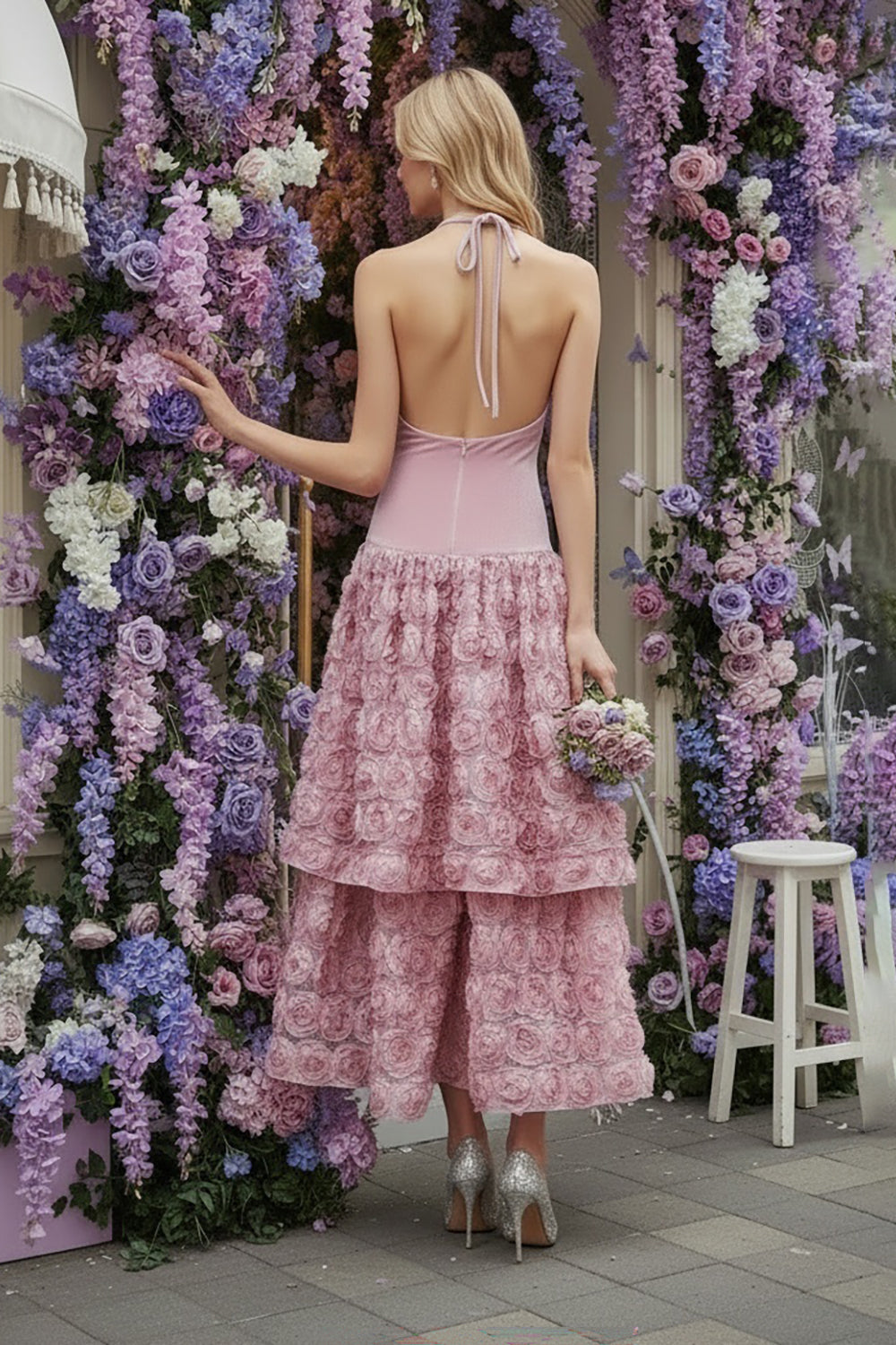 Backless Rose Applique Tulle Gown