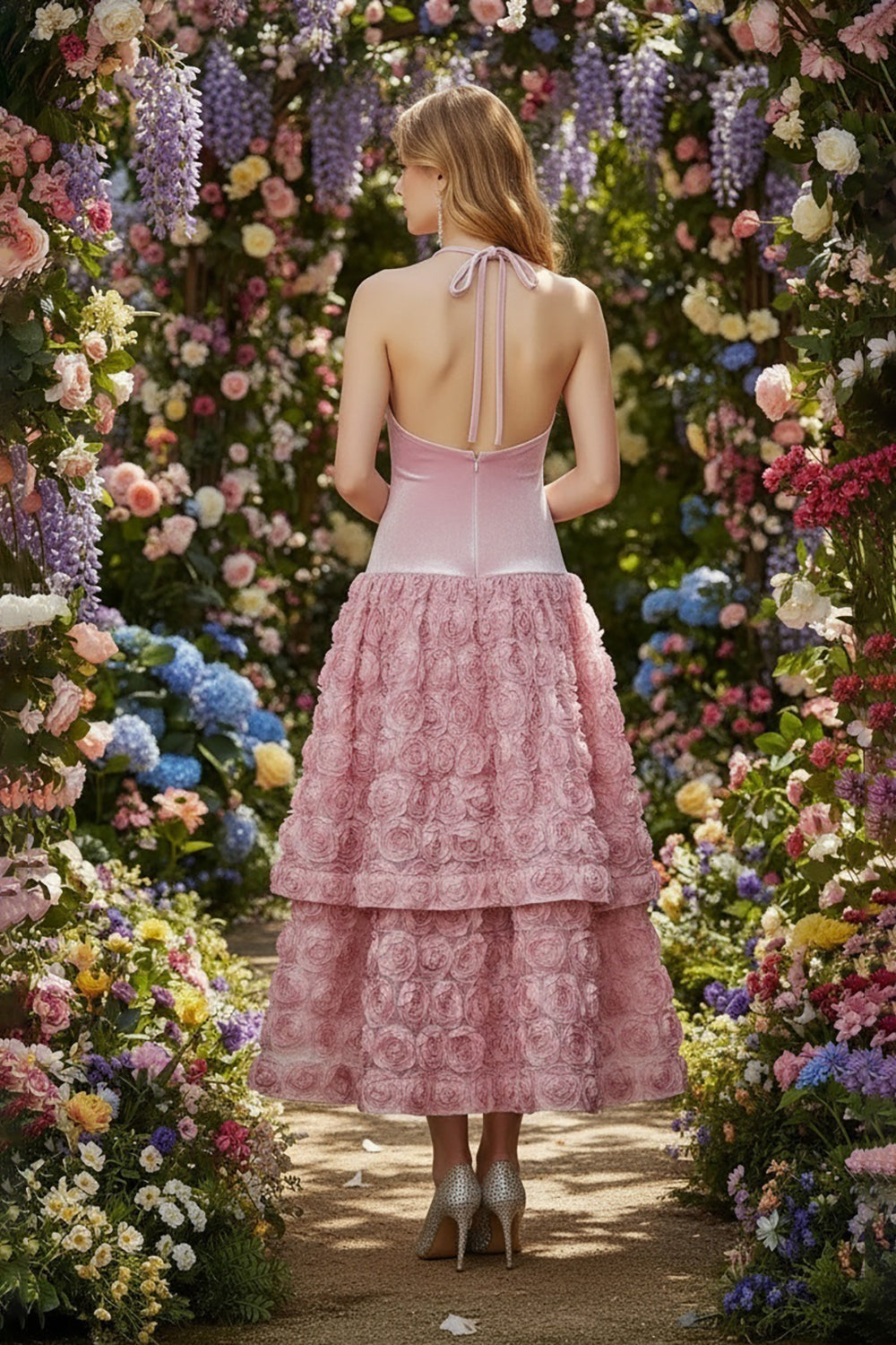 Backless Rose Applique Tulle Gown