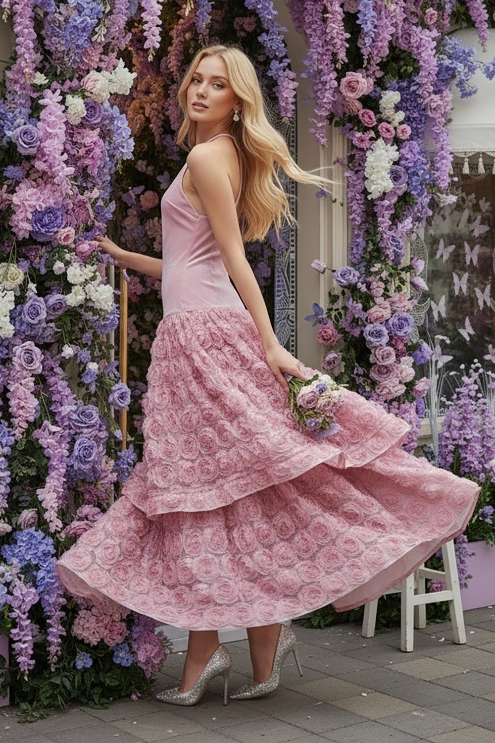 Backless Rose Applique Tulle Gown