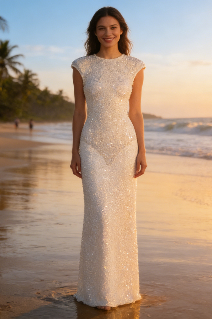 white sequin beach dress Strapless Sequin Bustier Draped Maxi Dress White