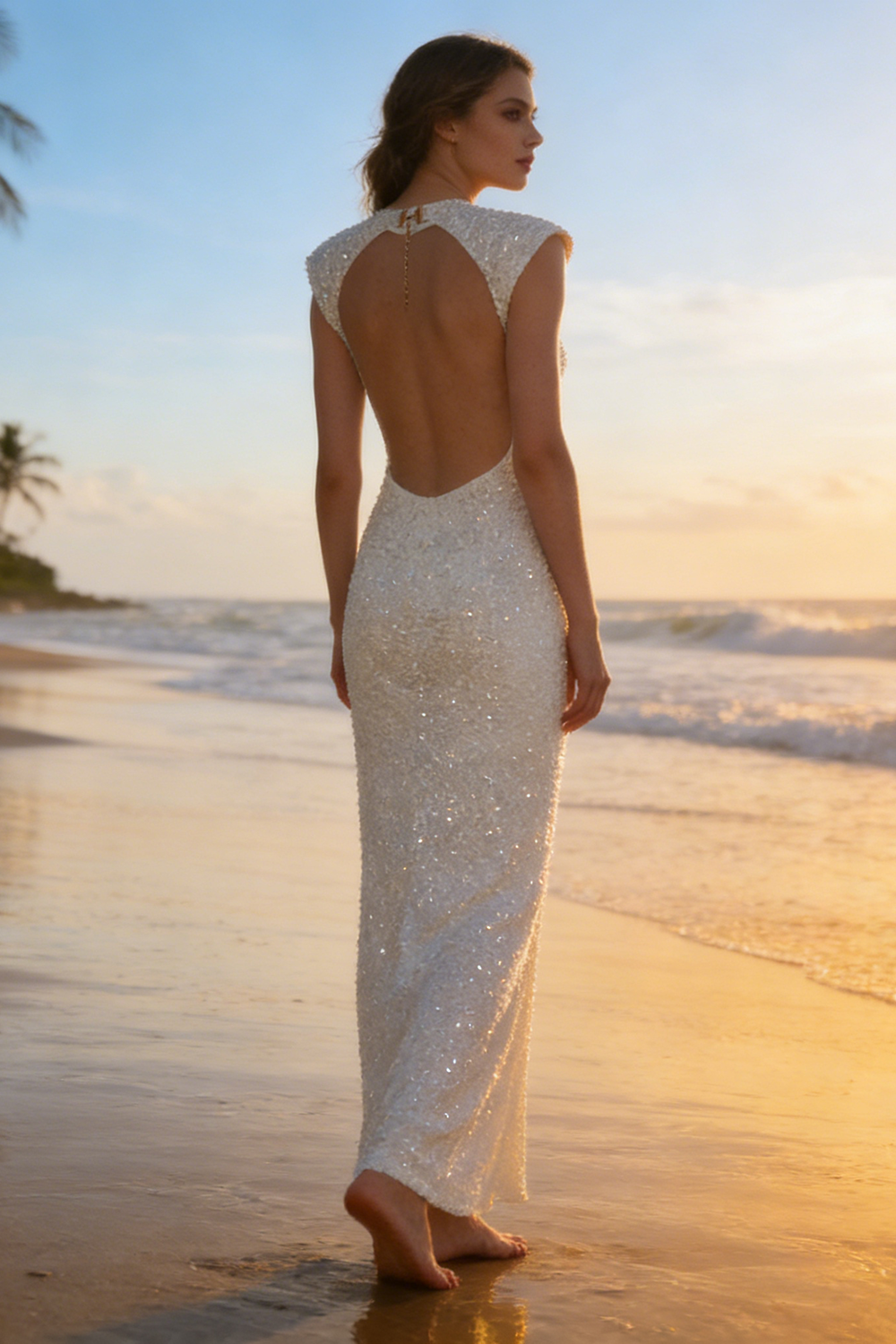 Backless Sequin-embellished Maxi Dress White