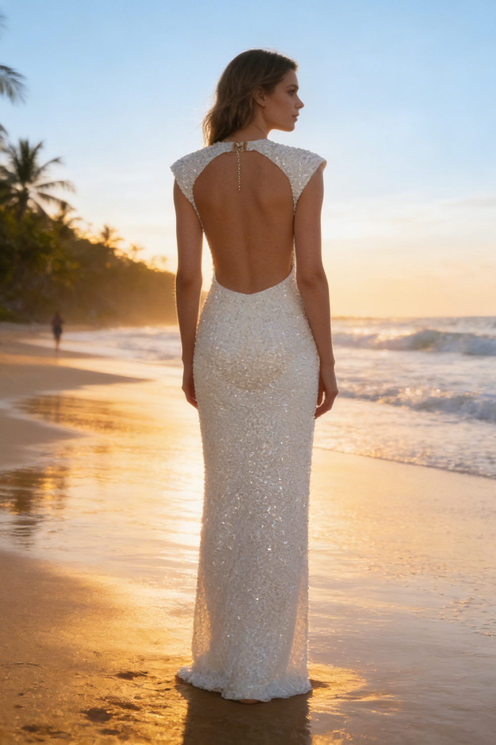 Backless Sequin-embellished Maxi Dress White