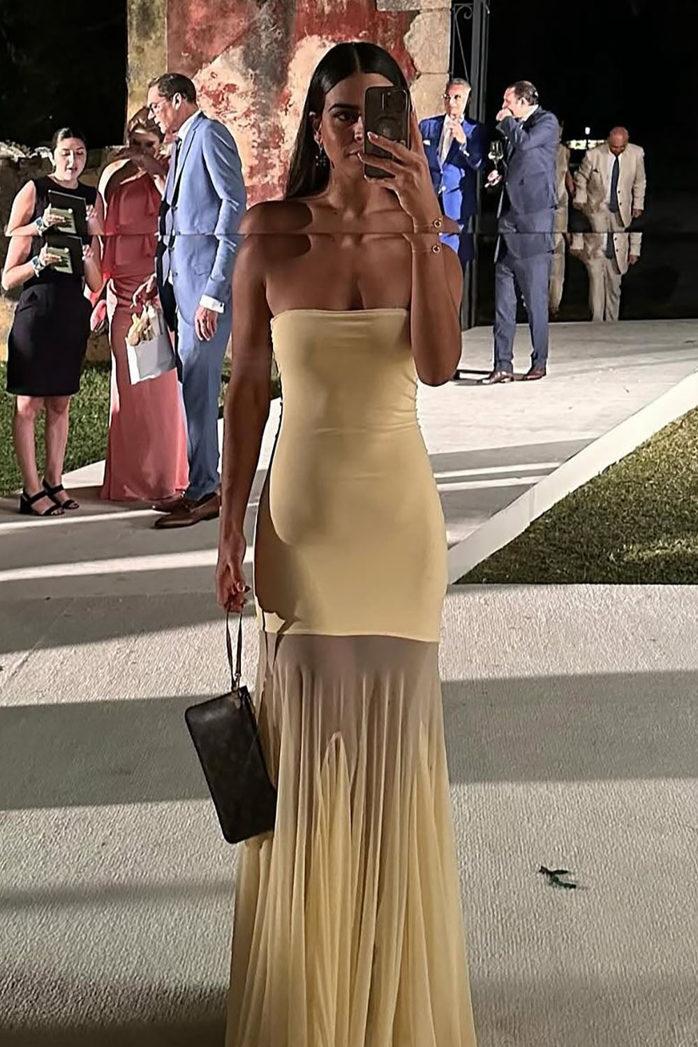 Bandeau Neck Flared Mesh Maxi Dress Yellow / Extra small Bandeau Neck Flared Mesh Maxi Dress Yellow / Extra small