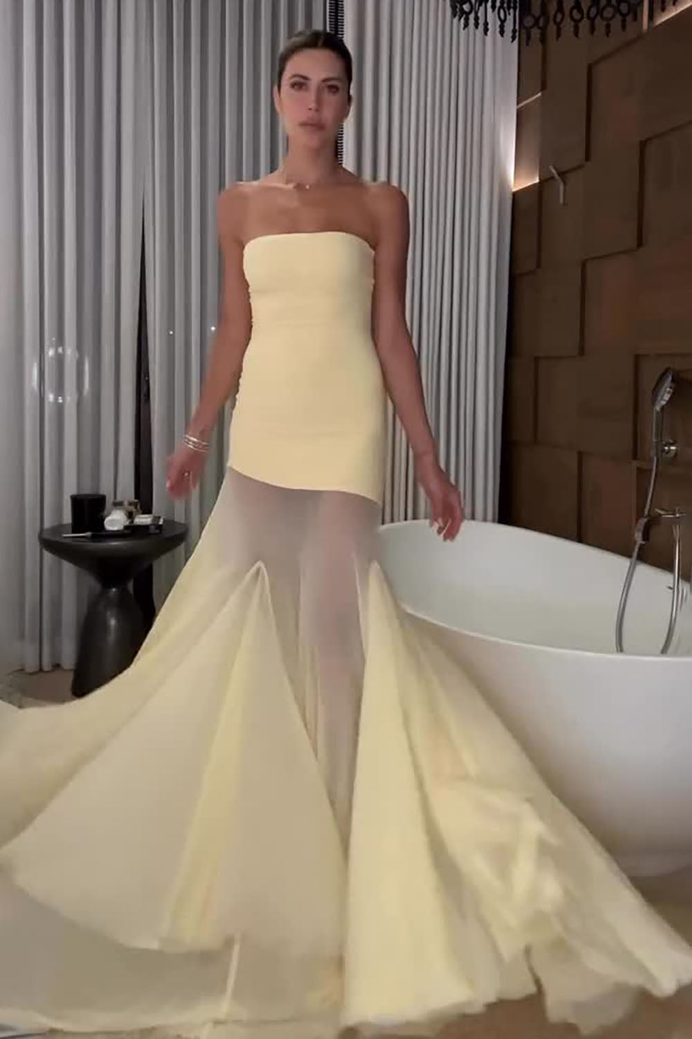 Bandeau Neck Flared Mesh Maxi Dress