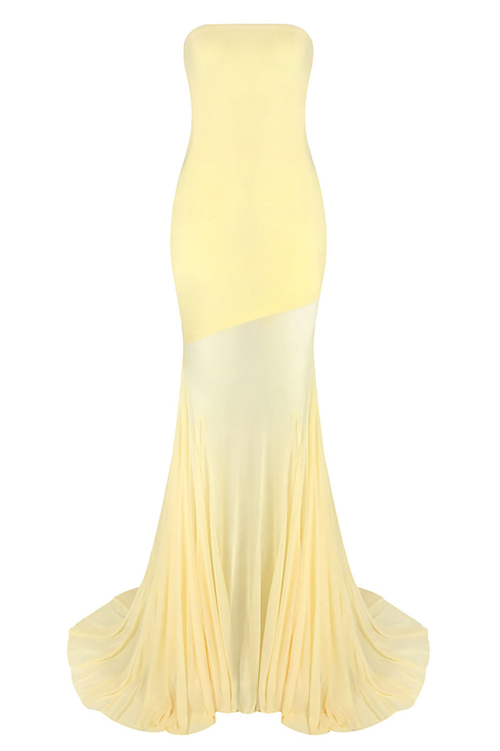 Yellow strapless gown with a gradient effect on a white background