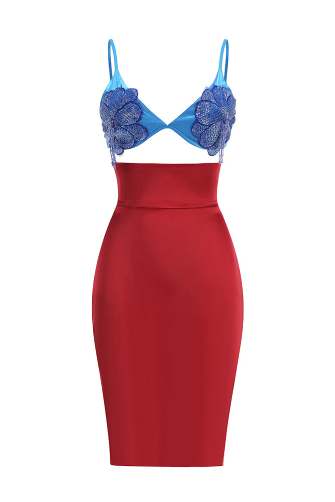 Beaded Applique Lace-up Midi Dress