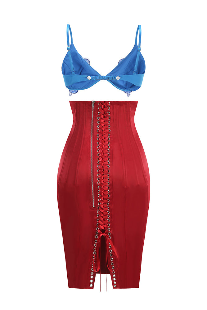 Beaded Applique Lace-up Midi Dress