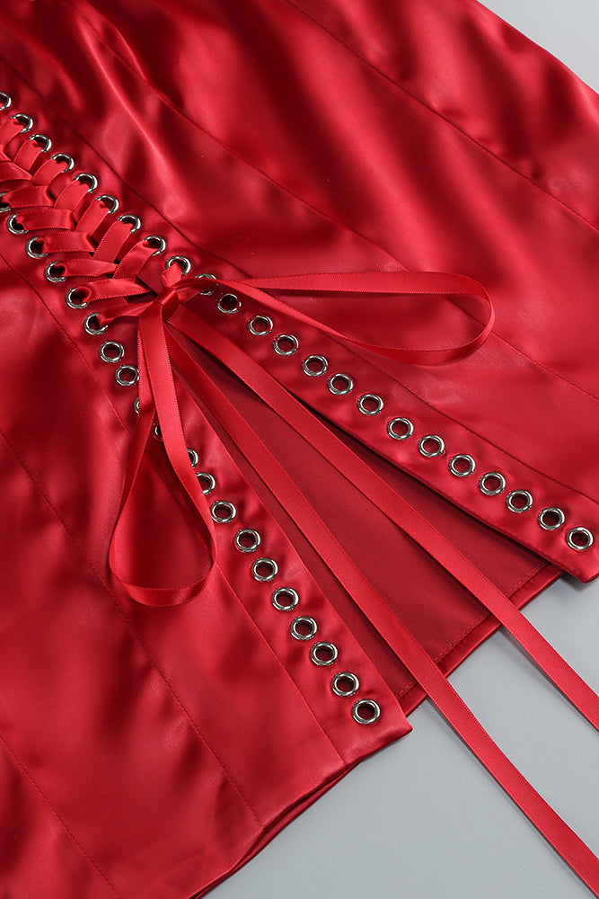 Beaded Applique Lace-up Midi Dress