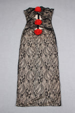 Black Strapless Lace Cut Out Flower See Through Maxi Dress