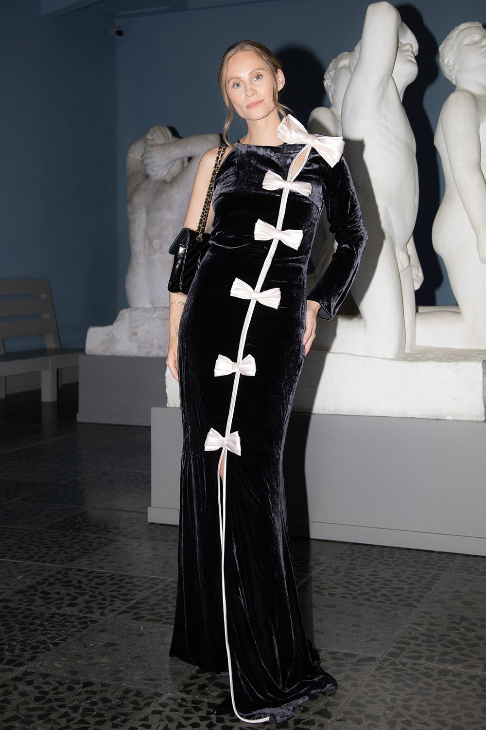 Bow Cascade Velvet Maxi Dress