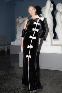 Bow Cascade Velvet Maxi Dress