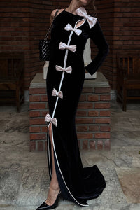 Bow Cascade Velvet Maxi Dress