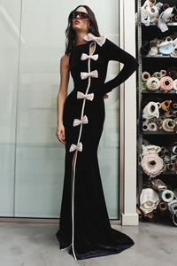 Bow Cascade Velvet Maxi Dress