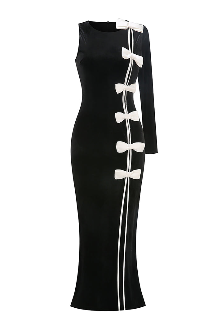 Bow Cascade Velvet Maxi Dress