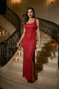Bow Sequined Maxi Dress in Red