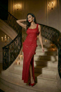Bow Sequined Maxi Dress in Red