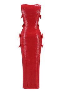 Bow Sequined Maxi Dress in Red