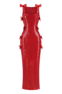 Bow Sequined Maxi Dress in Red