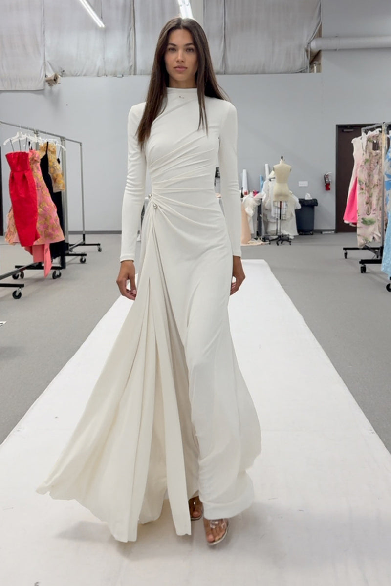 Brooch Long Sleeve Split Maxi Dress