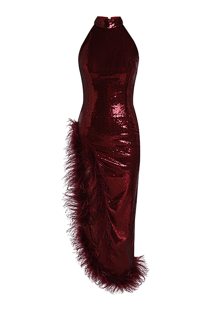 Feather Sequin Slits Dress In Burgundy